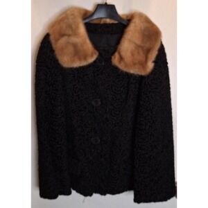 Vintage Astrakin Lepshire Faux Persian‎ Lamb Coat Mink Fur Collar ILGWU Black Lg